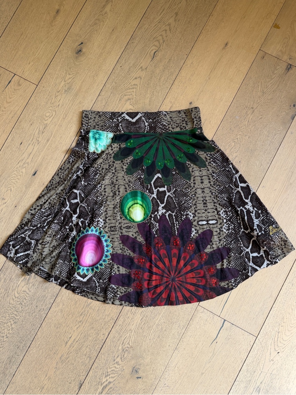 Desigual Brown Snake-Print Circle Skater Skirt with Green & Red Floral Motifs